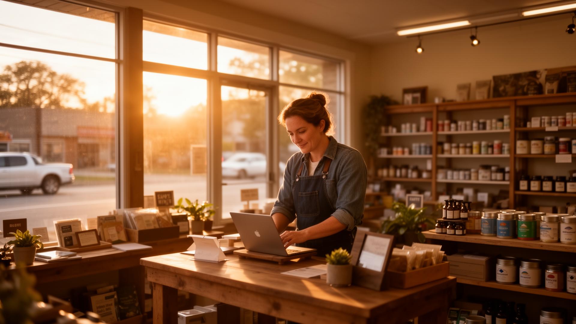 Small business owner working in their shop at golden hour